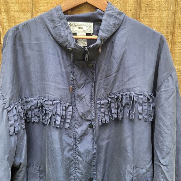 Silk Exchange Vtg Blue Fringed Full Zip 100% Silk Bomber Style Jacket Women 22W - Picture 2 of 11